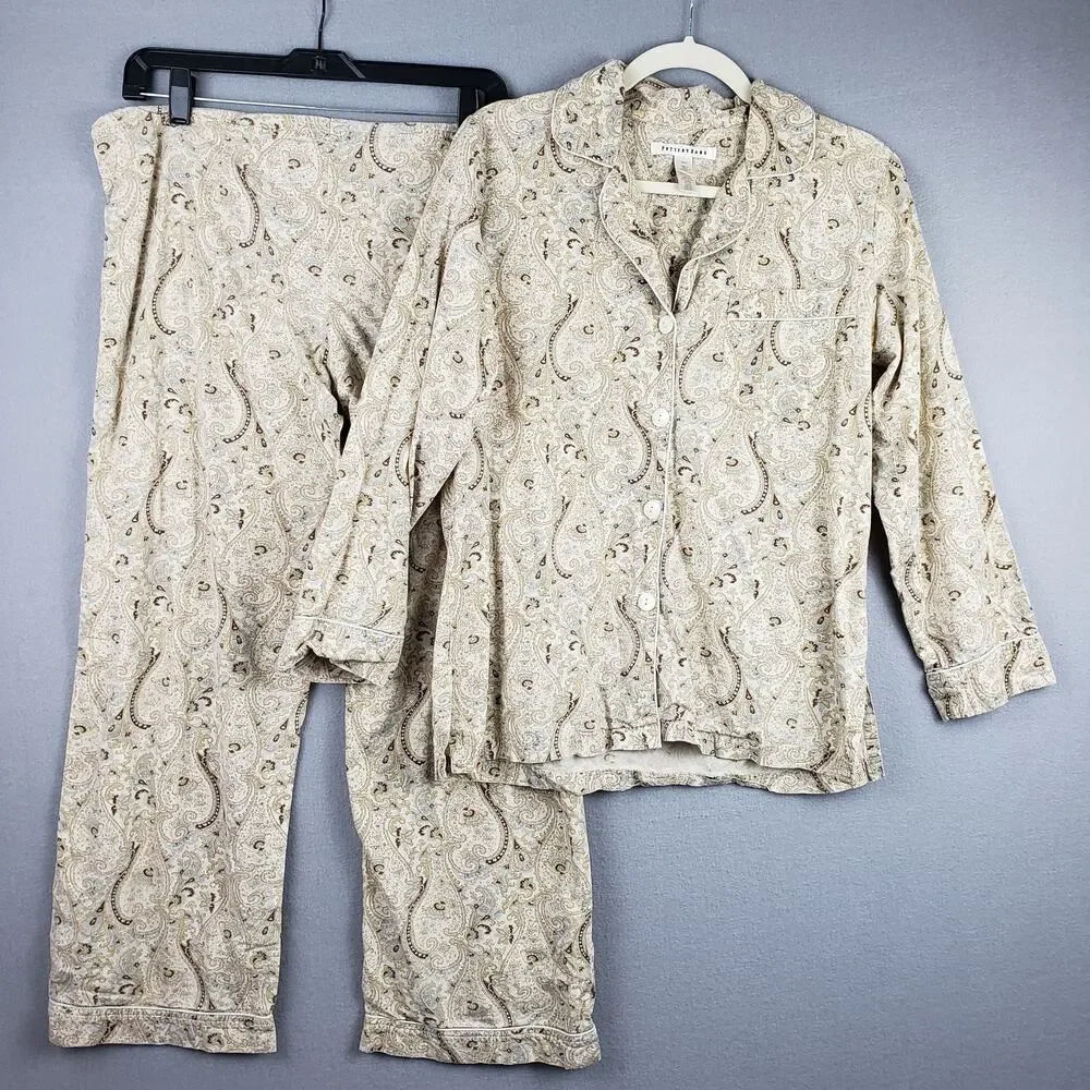 Pottery Barn Size S Pajama Set Beige Paisley Neutral Rustic Timeless‎ Loungewear